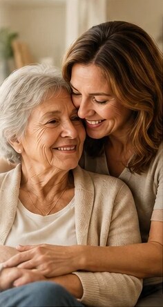 An older woman and her adult daughter sharing a warm embrace